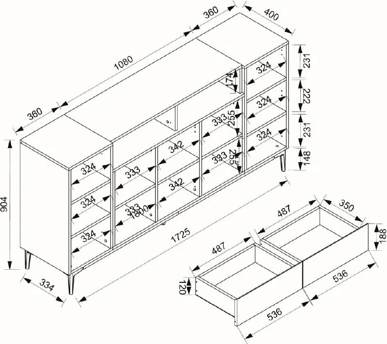 Široká komoda so zásuvkami Nola, dub artisan/čierna