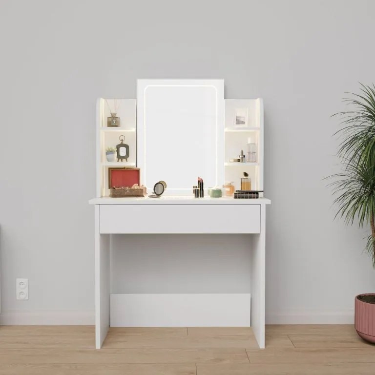 Biely toaletný stolík Zoey s LED zrkadlom a úložnými policam