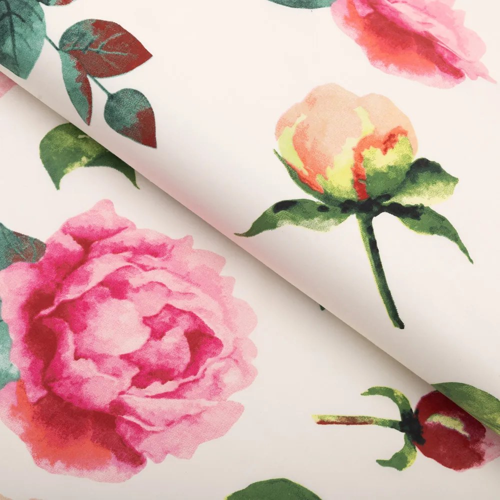 Biante Bavlnený behúň na stôl Sandra SA-715 Veľké ružovočervené pivonky na smotanovom 35x180 cm