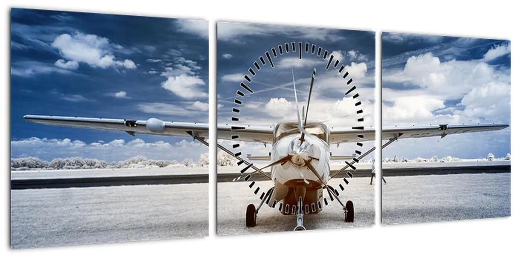Obraz motorového lietadla (s hodinami) (90x30 cm)