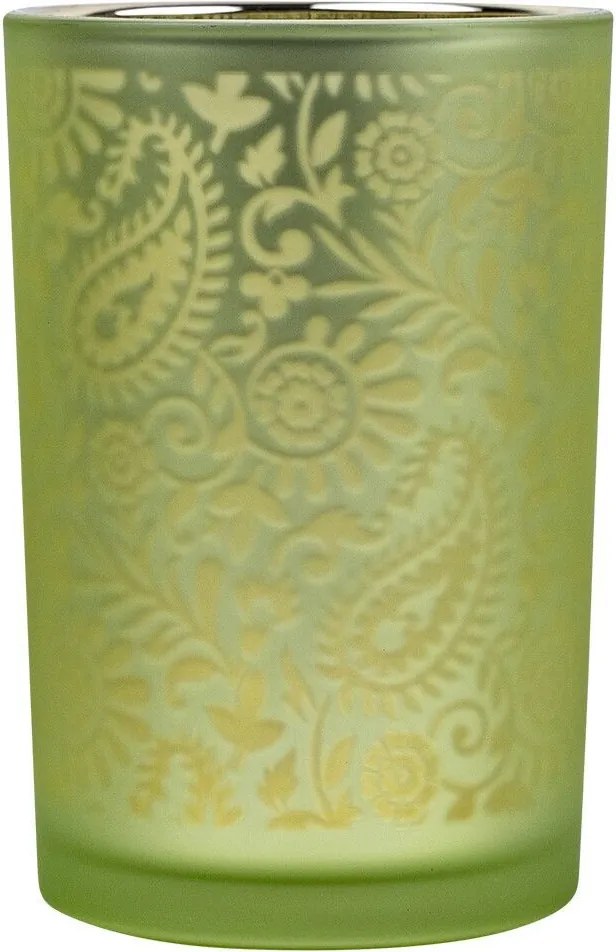 Zeleno strieborný sklenený svietnik s ornamentami Paisley vel.L - Ø12*18cm