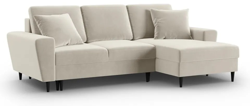 Béžová zamatová rozkladacia/s úložným priestorom rohová pohovka (pravý roh/s leňoškou) Kyoto – Cosmopolitan Design