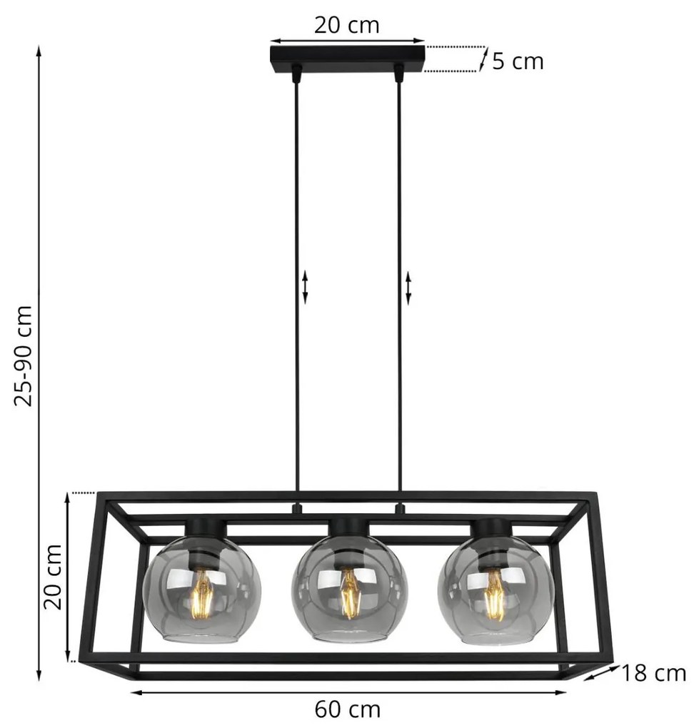 Závesné svietidlo Haga cage, 3x grafitové sklenené tienidlo v kovovom ráme