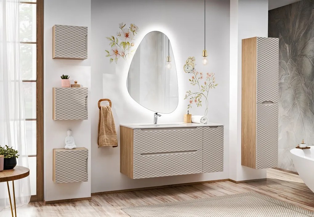 Závěsná koupelnová skříňka Ocean 35 cm 1DQ dub olejovaný/béžová