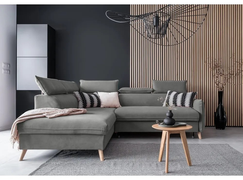 Svetlosivá zamatová rozkladacia rohová pohovka (ľavý roh) Sweet Harmony – Miuform