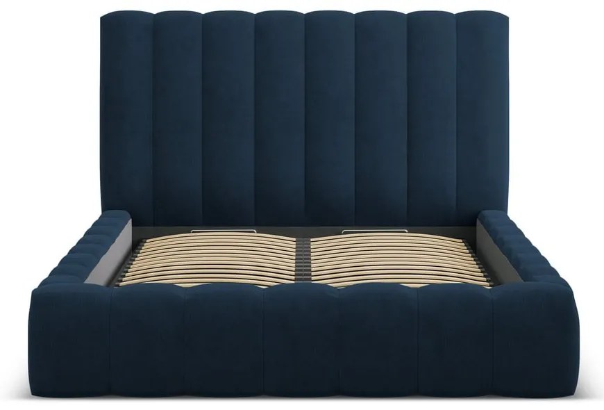 Tmavomodrá čalúnená dvojlôžková posteľ s úložným priestorom a roštom 180x200 cm Kelp – Micadoni Home