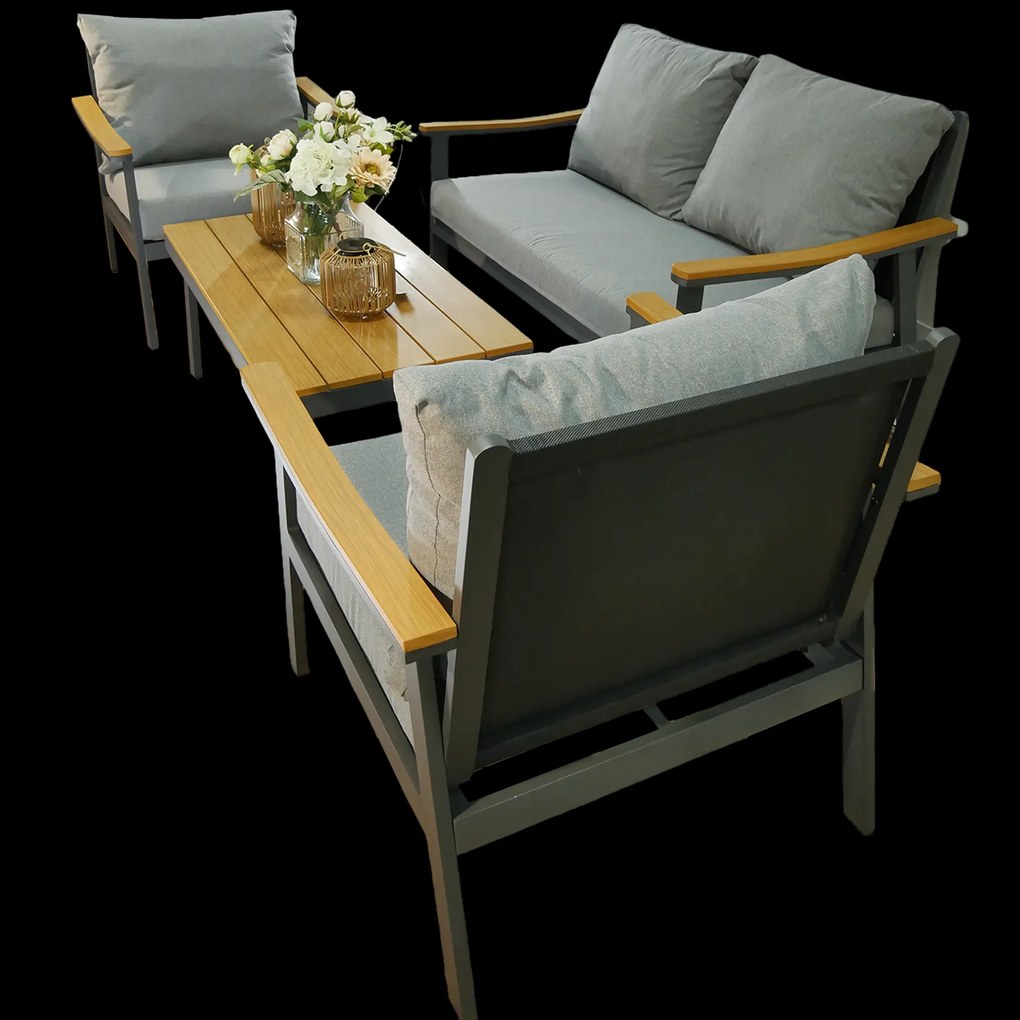 Garden Line LUBLANA HLINÍKOVÁ SÚPRAVA NÁBYTKU (SOFA + 2 KRESLÁ + STÔL) ŠEDÁ + ŠEDÉ VANKÚŠE *9545