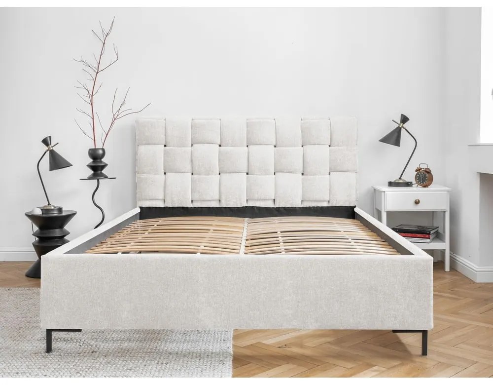 Krémovobiela čalúnená dvojlôžková posteľ s roštom 160x200 cm Eve – Miuform