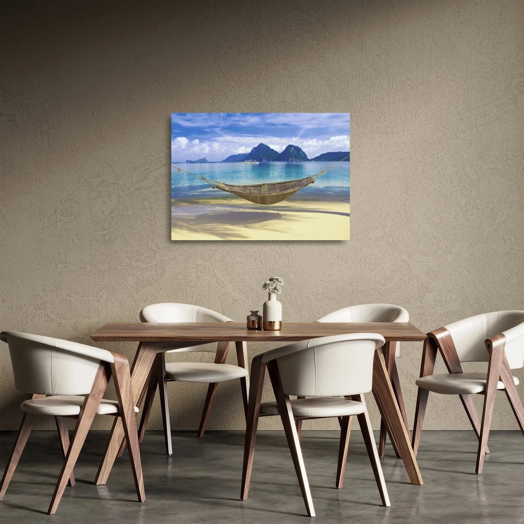 Sklenený obraz - Sklenený obraz hojdacej siete na pláži 2 (70x50 cm)