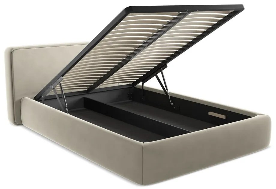 Krémovobiela čalúnená dvojlôžková posteľ s úložným priestorom s roštom 160x200 cm Kiana – Makamii