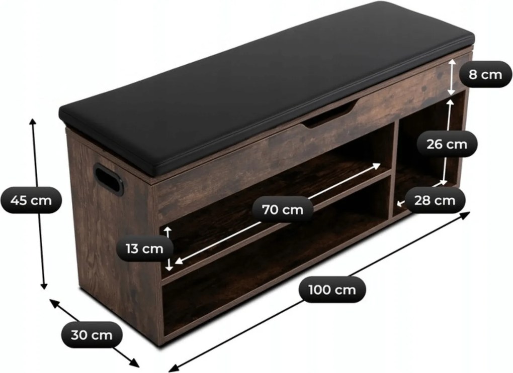 Skrinka na topánky FILLIPE 100 cm v dekore rustikálny dub s čiernymi prvkami.
