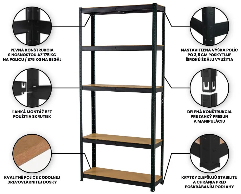 Fistar Regál 2000x600x400 mm, lakovaný  5-policový, nosnosť 875 kg - ČIERNY