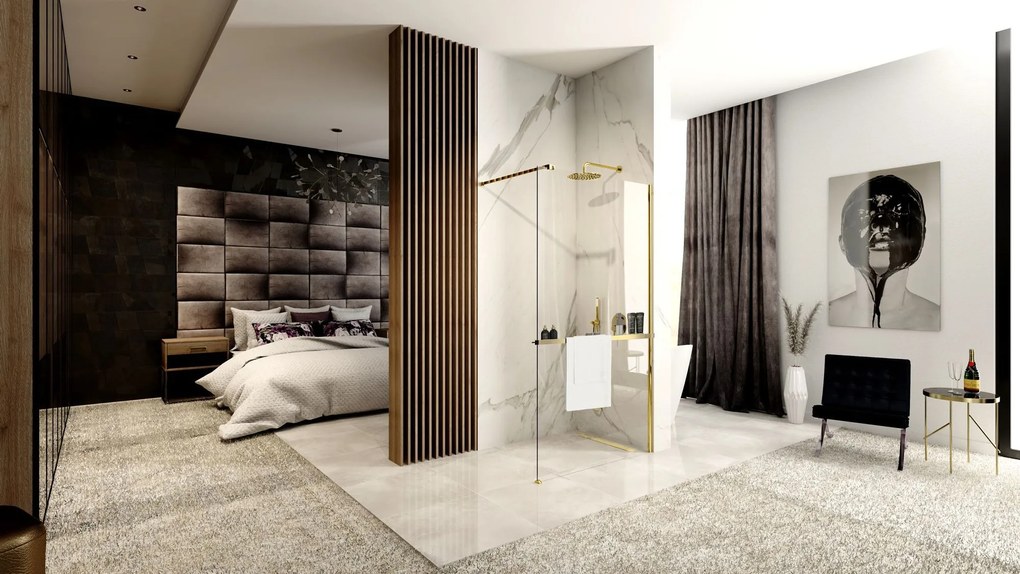 Rea Aero, sprchová zástena typu Walk-In 110cm, 8mm číre sklo, zlatý lesklý profil + polička a vešiak EVO, KPL-K8441