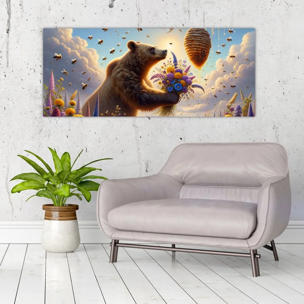 Obraz - Medveď a včielky (120x50 cm)