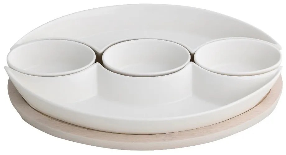 Sada 5 bielych servírovacích misiek z porcelánu na bambusovom podnose Brandani Plait