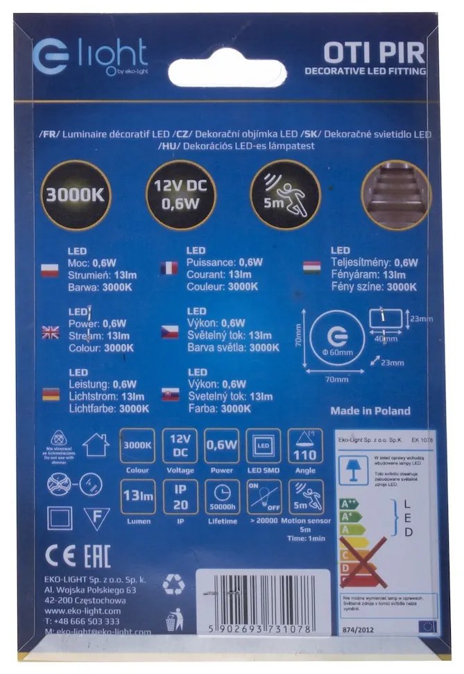 Schodiskové LED svietidlo Oti, 1x LED 0,6w, 3000k, s, pohybový senzor