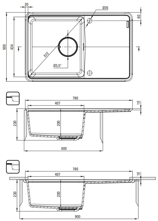 Deante Momi, 1-komorový granitový drez 780x500x230 mm s úsporným sifónom, čierna matná, DEA-ZKM_N113