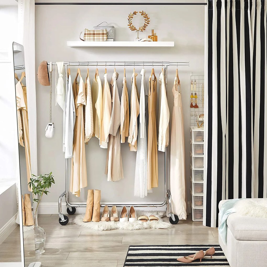 Kovový stojan na šaty, s kolieskami, s vysokou nosnosťou 130 kg, strieborná farba