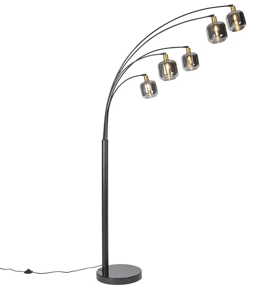 Stojaca lampa čierna so zlatom s dymovým sklom 5-svetlo - Zuzanna