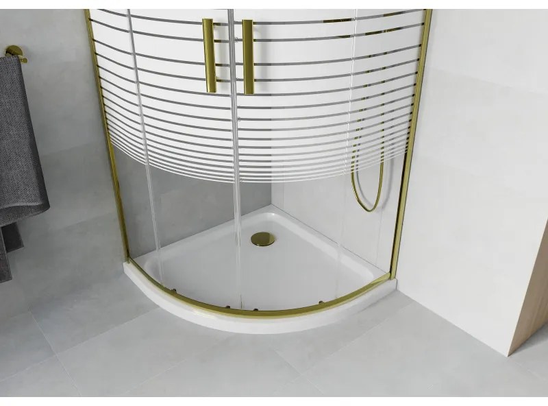 Mexen Rio, štvrťkruhový sprchovací kút s posuvnými dverami 90(dvere) x 90(dvere) x 190 cm, 6mm číre sklo s pásikmi, zlatý profil + biela sprchová vanička SLIM, 863-090-090-50-20-4110G