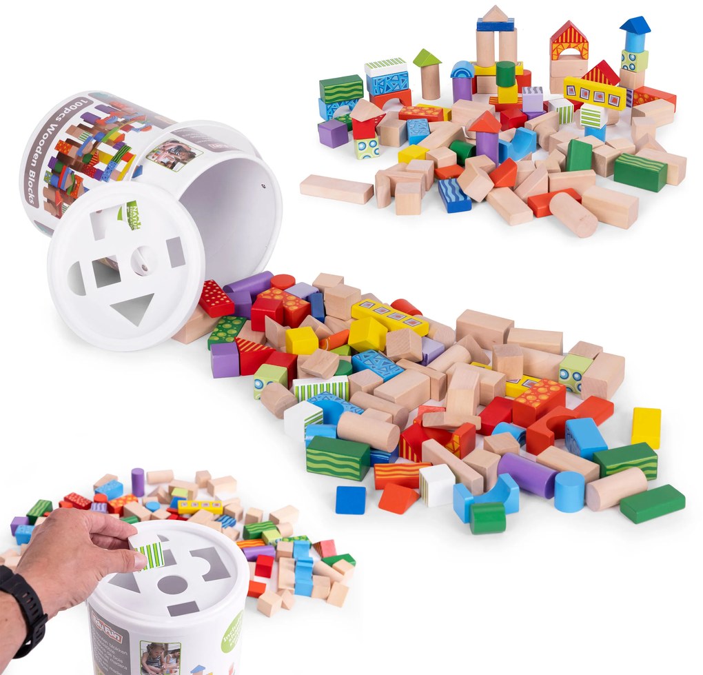 Drevené kocky vo vedierku so sorterom, 100 ks ECOTOYS 2003