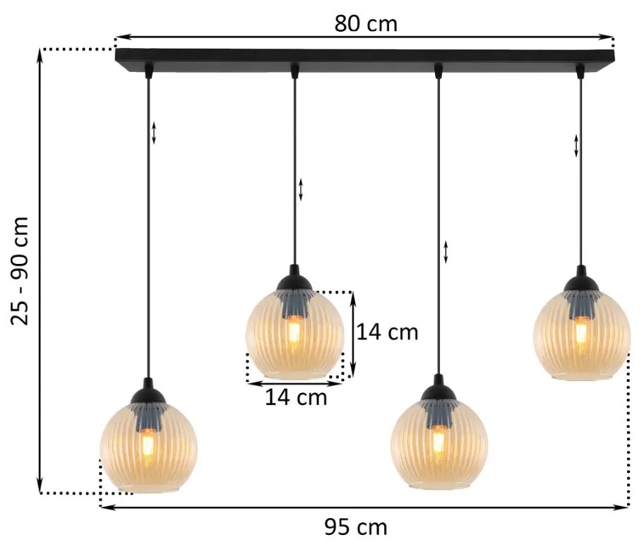 Závesné svietidlo Riffle Round, 4x medové sklenené tienidlo
