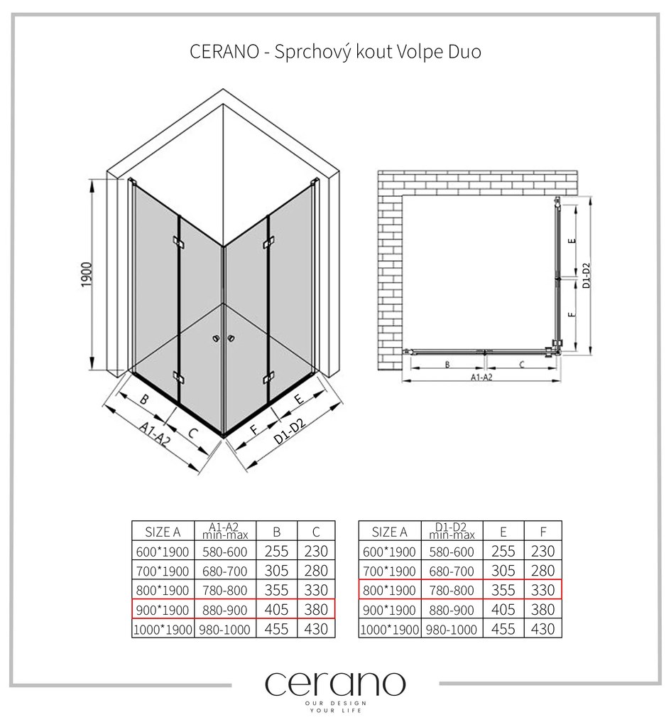 Cerano Volpe Duo, sprchovací kút so skladacími dverami 90(dvere) x 80(dvere) x 190cm, 6mm číre sklo, chrómový profil, CER-CER-480187