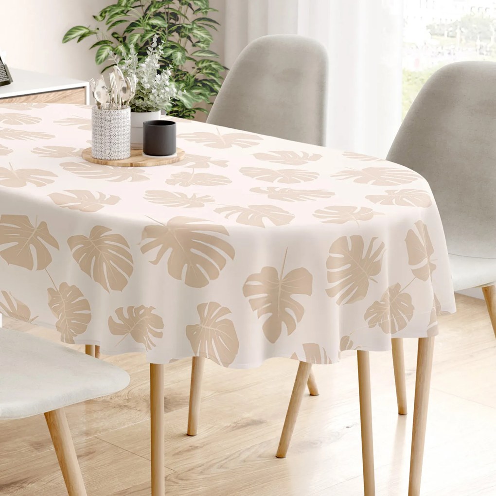 Goldea oválny obrus 100% bavlnené plátno - tropické listy na béžovom 140 x 280 cm