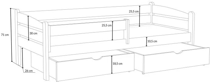 Detská posteľ z masívu borovice ZORA so šuplíkmi - 200x90 cm - BIELA