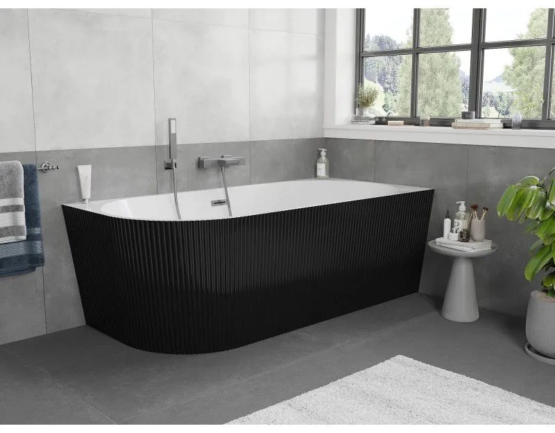 Mexen Silo, rohová voľne stojaca ryhovaná vaňa, pravá, 170 x 80 cm, biela-čierna, grafitový prepad, 52891708075P-95