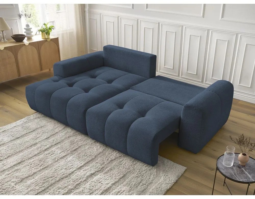 Modrá ženilková rozkladacia/s úložným priestorom rohová pohovka (ľavý roh/s leňoškou) Roxelane – Bobochic Paris