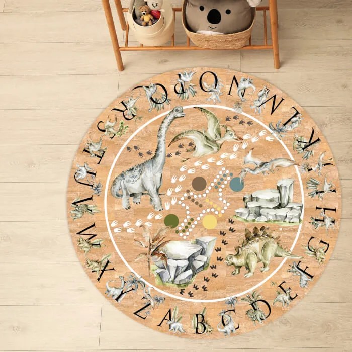 Kruhový koberec z korku - Dinosaury a abeceda