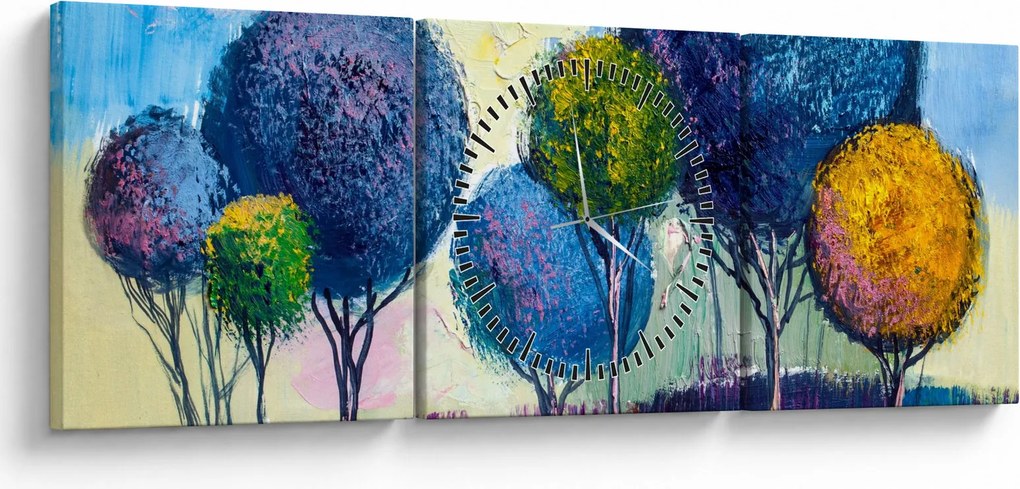 Obraz kopulovitých stromov, olejomaľba (s hodinami) (90x30 cm)