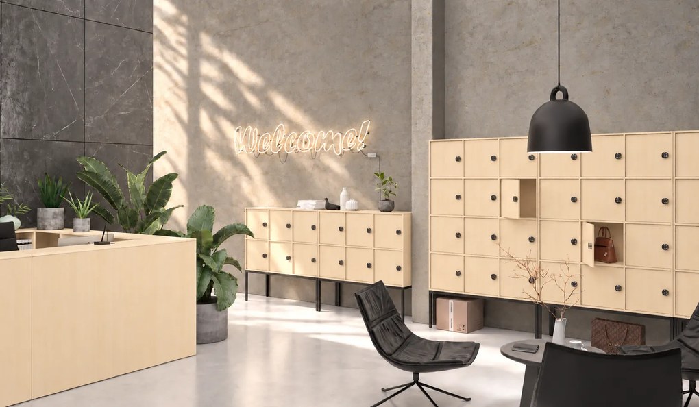 Kancelárska skriňa FRAME, biela podnož, 12x dvere, 1299 x 450 x 2185 mm, kódový zámok, breza