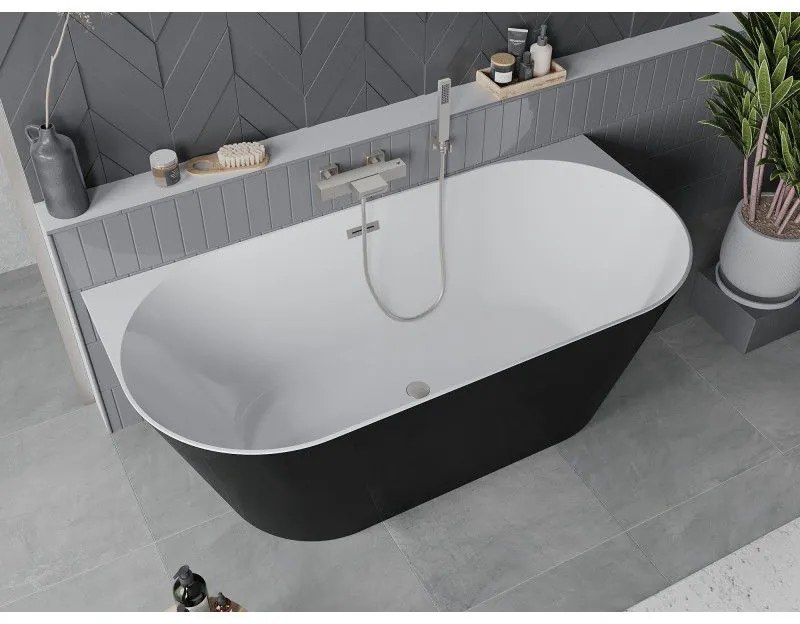 Mexen Oval Slim, voľne stojaca vaňa ku stene, 170 x 80 cm, biela-čierna, oceľový prepad, 52661708075-97