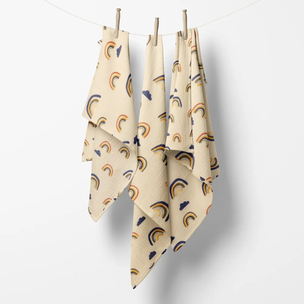 Biante Mušelínová plienka/dečka Nature MSN-073 Dúhy na krémovo žlutom - ZVÝHODNENÁ SADA 3 KS 120x120 cm - Sada 3 ks