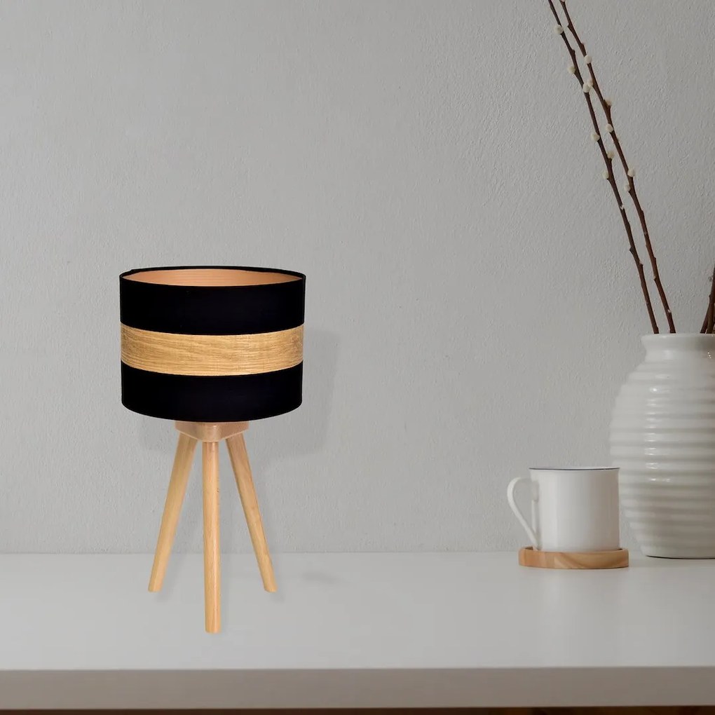 Stolná lampa Terra, 1x drevené/čierne textilné tienidlo, drevo