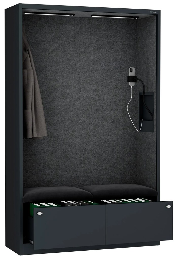 Kancelárska akustická kabína so sedadlom a portom USB-C, telo v antracitovej farbe / sedadlo v tmavosivá farbe, 1150 mm: SALLY MentalBox