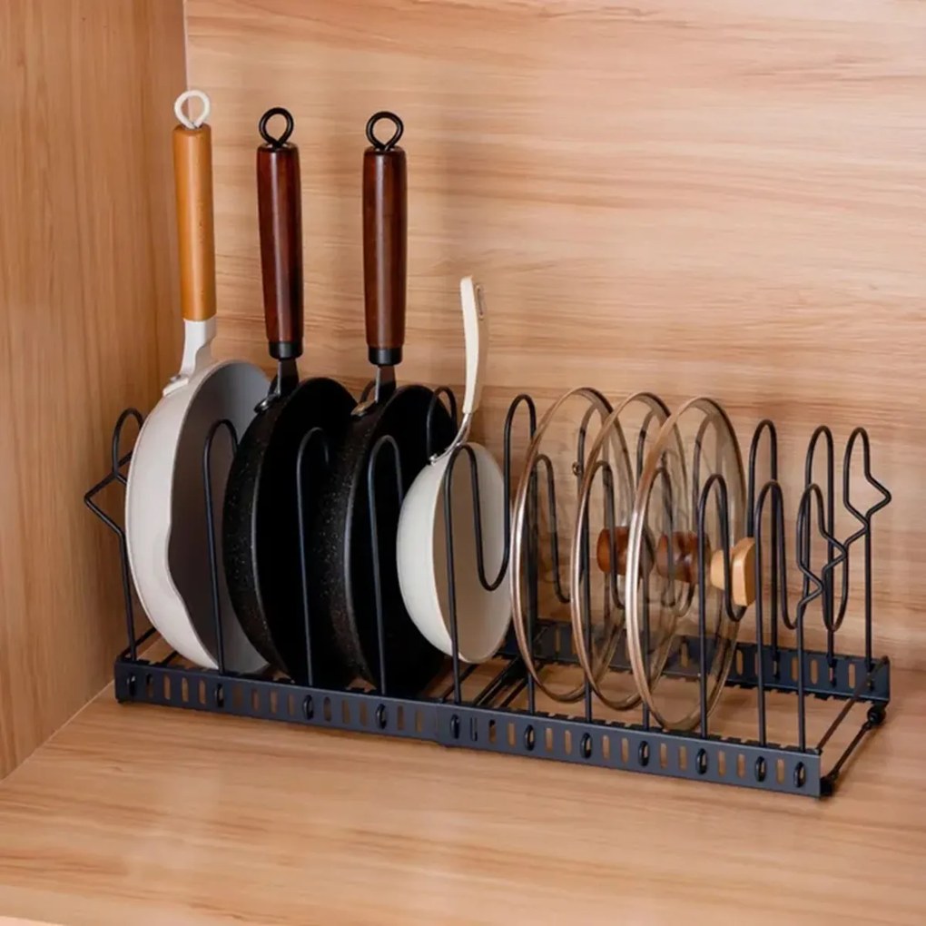 Goodhome Organizér na pokličky a pánve, černý, 11 flexibilních přepážek, nastavitelná šířka 28 -57 cm MERLIN