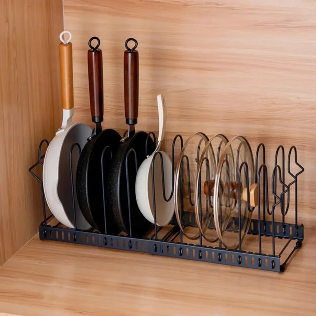 Goodhome Organizér na pokrievky a panvice, čierny, 11 flexibilných priehradiek, nastaviteľná šírka 28 - 57 cm MERLIN