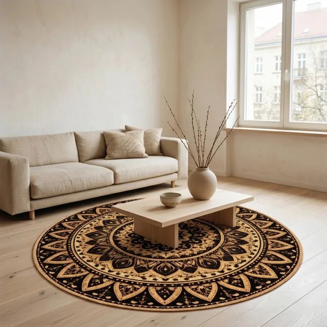 Koberec NOVO Mandala hnedý / čierny kruh