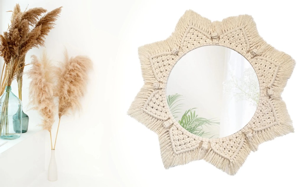 Okrúhle nástenné zrkadlo BOHO 55 cm béžové