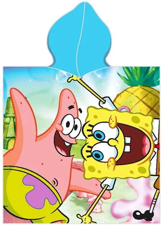 Detské plážové pončo - bavlnená osuška s kapucňou SpongeBob a Patrik - 100% bavlna - 55 x 110 cm - pre deti od 3 do 6 rokov