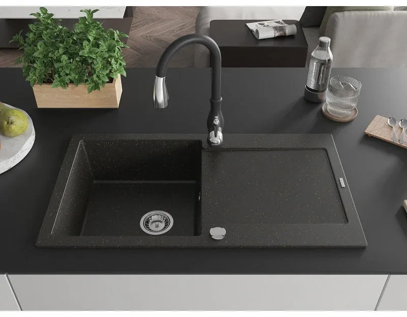 Mexen Leo, 1-komorový granitový drez 900x500x190 mm a drezová batéria Savita, čierna-zlatá metalíza, 6501-75-672601-70