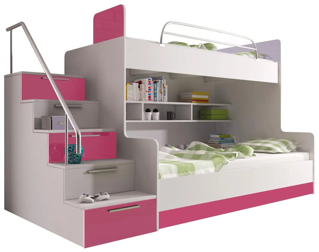 Poschodová posteľ Paradise II, Farby: biela / biely lesk + šedý lesk, Strana: pravá