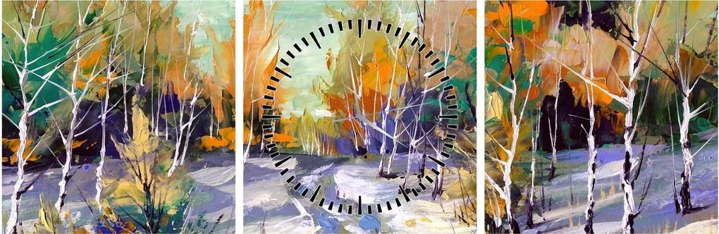Obraz - Zasnežená cesta lesom, olejomaľba (s hodinami) (90x30 cm)