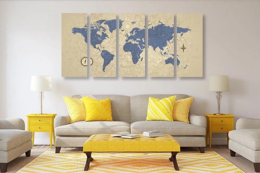 5-dielny obraz mapa sveta s kompasom v retro štýle - 100x50