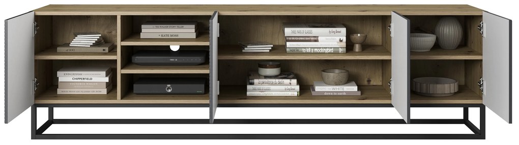 TV stolík Asha 200 cm na čiernom podstavci s 3 otvorenými policami - artisan / čierny mat