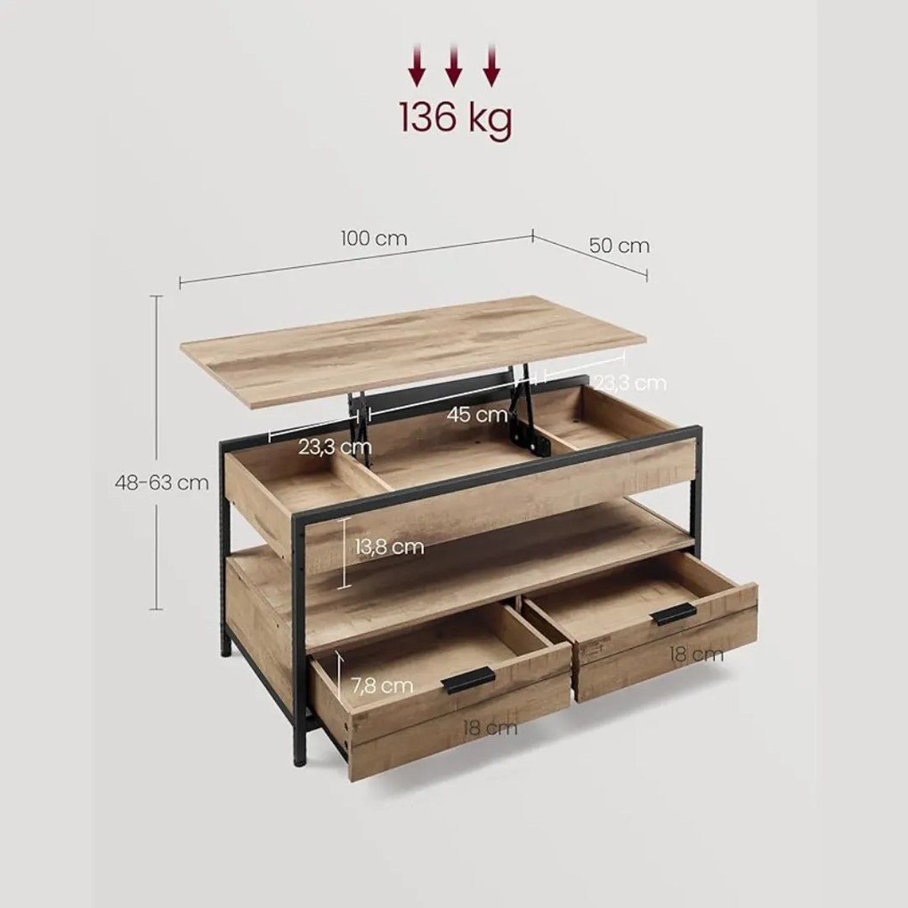 Výškovo nastaviteľný konferenčný stolík GASPAR, 50x100x(48-63)cm, čierna / camel hnedá Vasagle