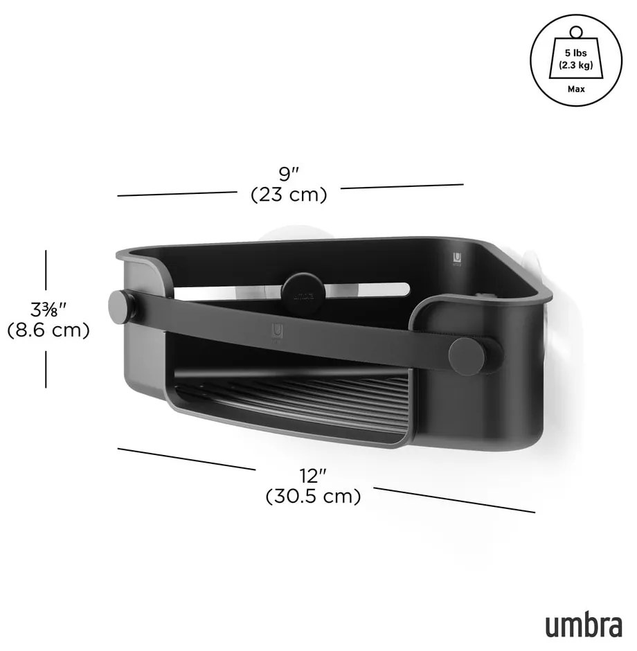 Čierna rohová plastová kúpeľňová polička bez vŕtania Flex Adhesive – Umbra